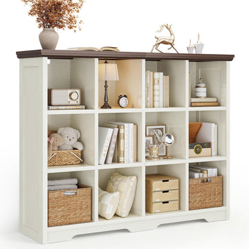 12 Cube Organizer Bookcase, Cube Shelf with Storage, Walnut + White