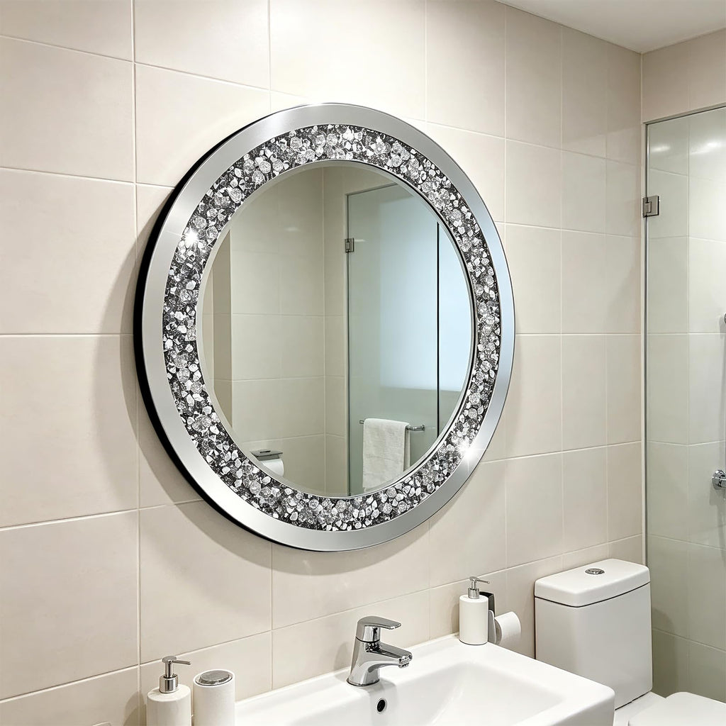 28x28in Crystal Crushed Diamond Decor Mirror, Round Wall Mirror, Silver Mirror, Home Decoration Hanging Mirror