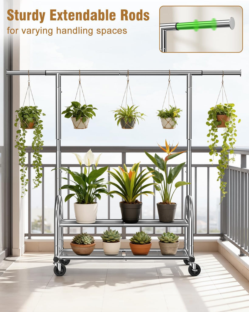Rolling Clothes Rack Heavy Duty Clothing Rack with 2 Shelves, Silver