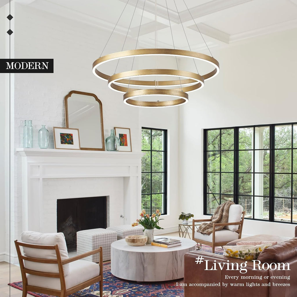 LED 3-Ring Chandelier Gold Dimmable Modern Pendant Light with Remote Control Vintage Brass LED Circle Chandelier for Dining Room Entry Foyer Bedroom Living Room,75W