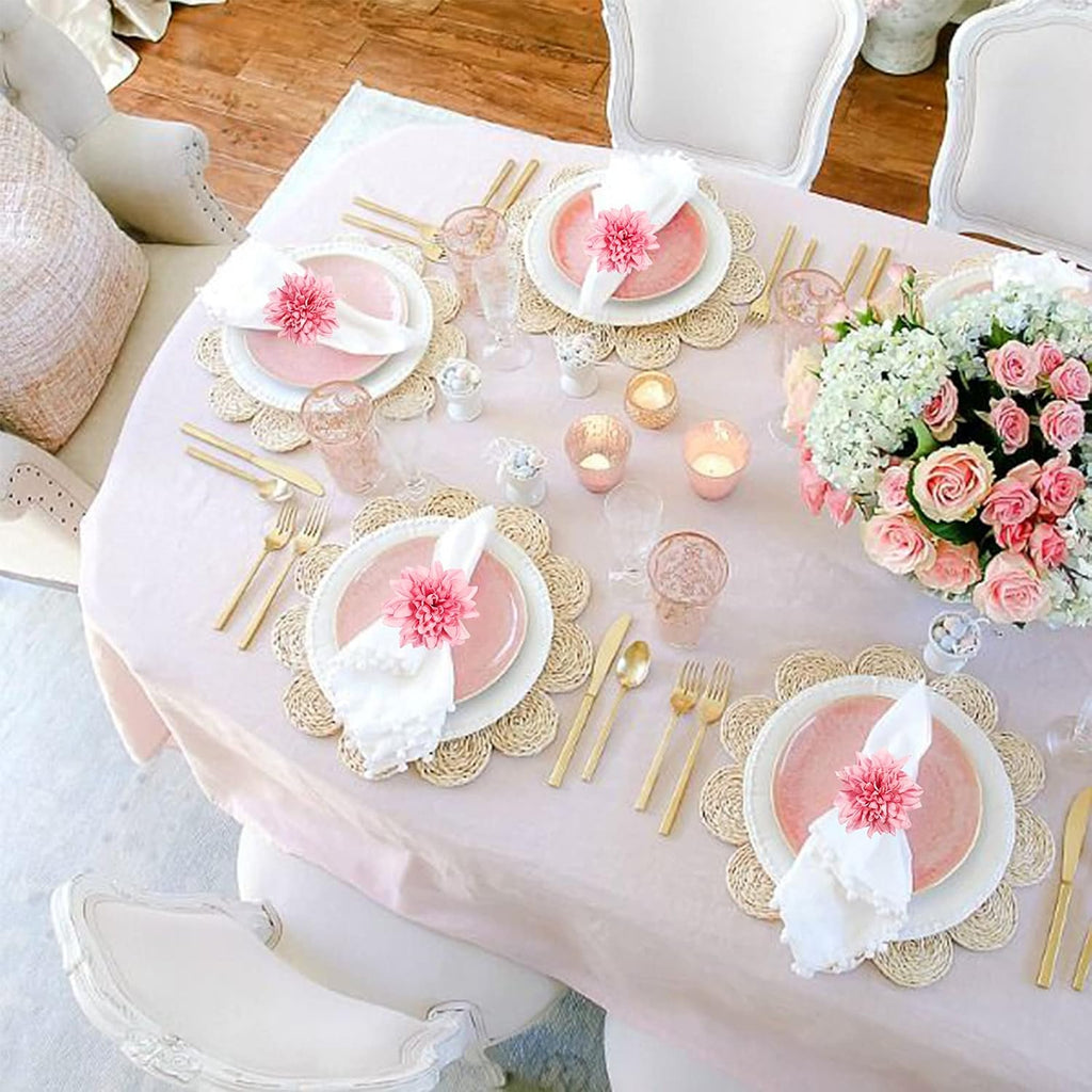 Farmhouse Flower Napkin Rings, Faux Pink Dahlia Napkin Ring, Natural Serviette Buckles Holder for Gift,Table - Set of 8