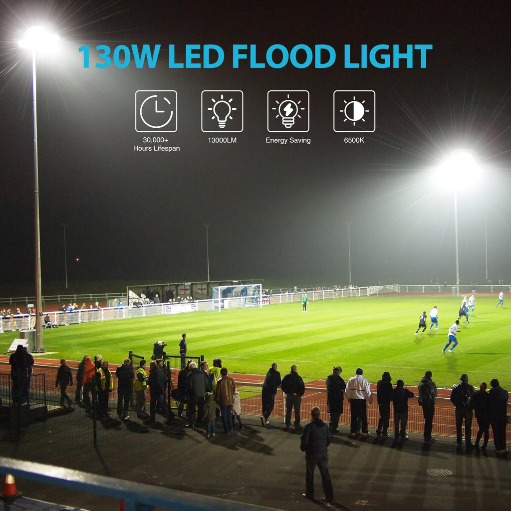 2 Pack 130W LED Flood Light Outdoor, 13000lm LED Work Light with Plug, IP66 Waterproof Exterior Security Lights