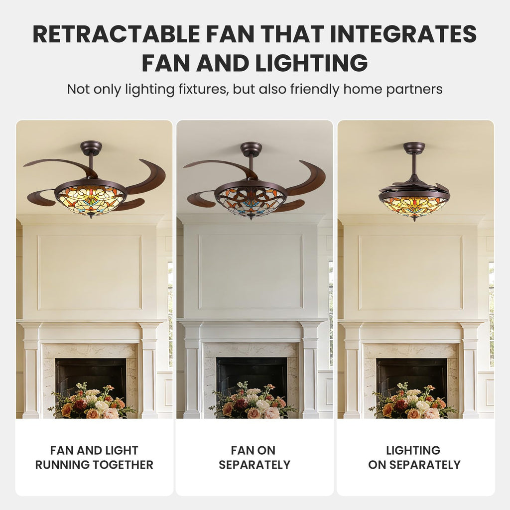 48inch Retractable Ceiling Fan Tiffany Style Chandelier Light Fixtures Ceiling with Remote & Dimmable, 6-Speed