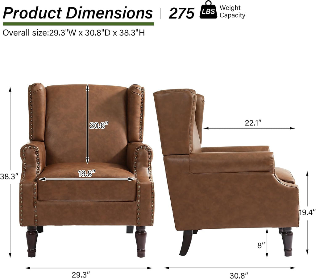 Faux Leather Wingback Accent Chairs with Wood Legs, Brown - Set of 2