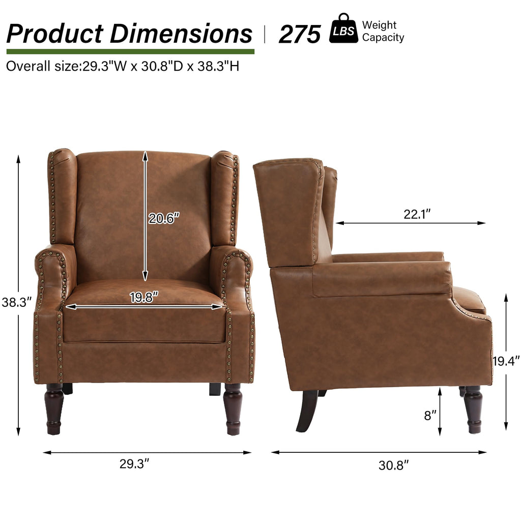 Faux Leather Wingback Accent Chair with Wood Legs, Brown, Set of 1