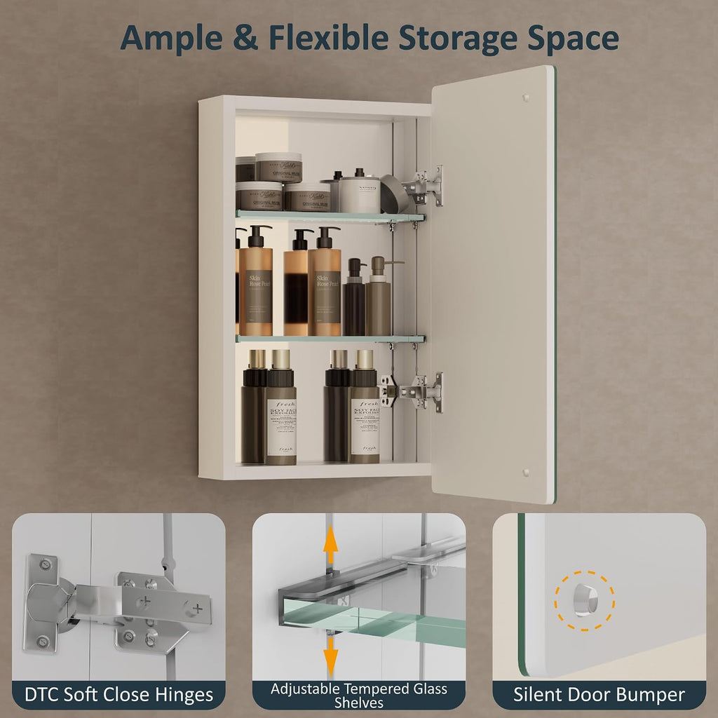 14 x 24 Inch Recessed Medicine Cabinet with Mirror , White | Wall Mounted Cabinet for Storage, Adjustable Glass