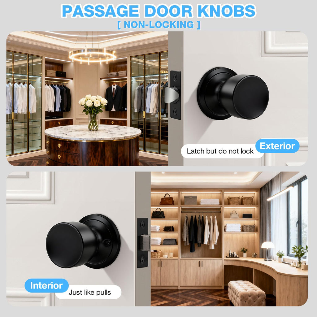 6 Pack Black Door Knobs Interior, Tulip Closet Door Knob Black Interior Door Knobs Matte Black Passage Door Knobs