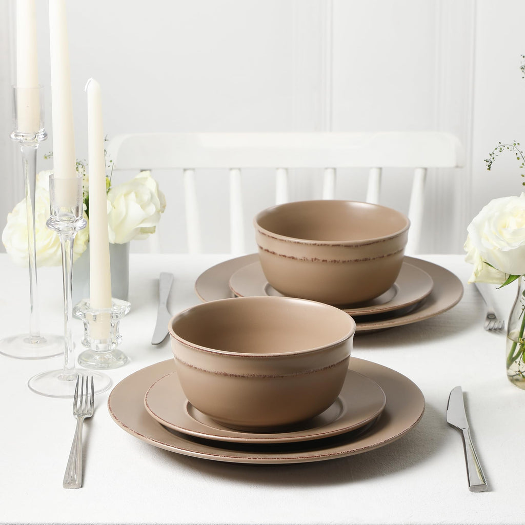 Hazel 24-Piece Stoneware Dinnerware Set, Plates and Bowls Set, Dishwasher and Microwave Safe, Dish Set for 8, Sand