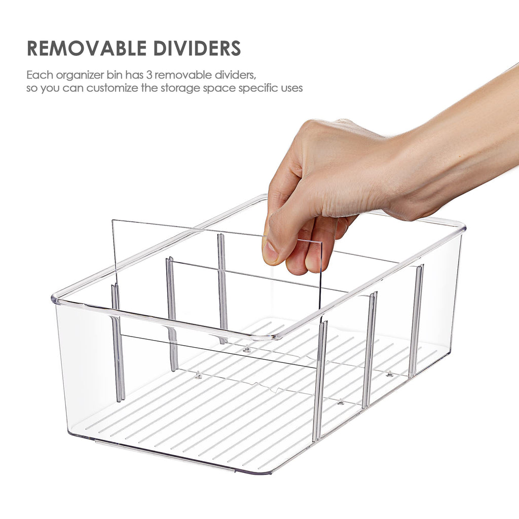 8 Pack Food Storage Organizer Bins, Clear Plastic, 4 Compartments