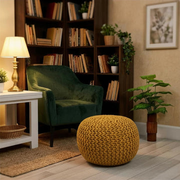 Round Knitted Pouf - Chunky Knit Ottoman & Floor Cushion, Round Stuffed Pouf Ottoman, Foot Stool Storage Ottoman, 18"