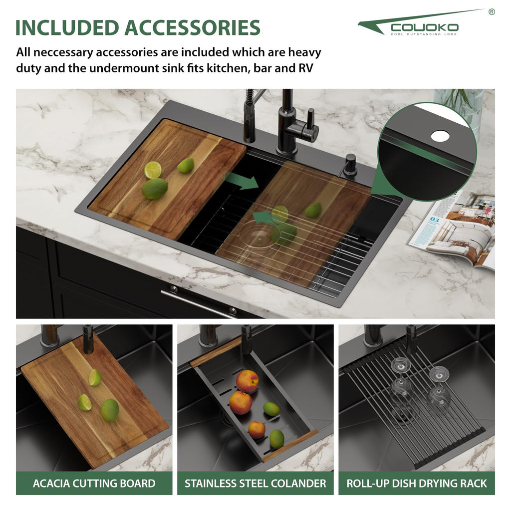 30 Inch Black Drop In Workstation Kitchen Sink with Accessories