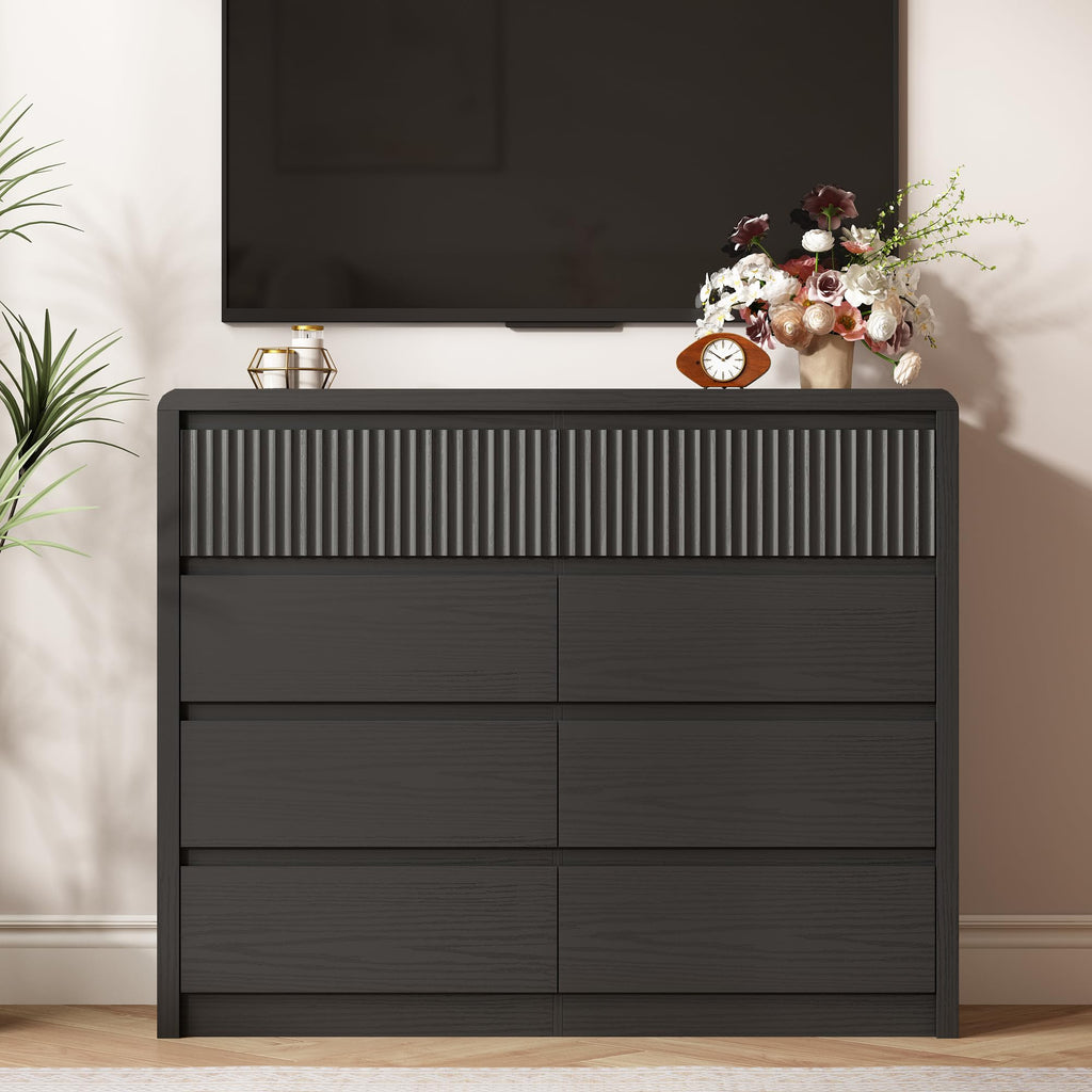 Black Fluted 8 Drawer Dresser, Curved Edge, 50" Wide
