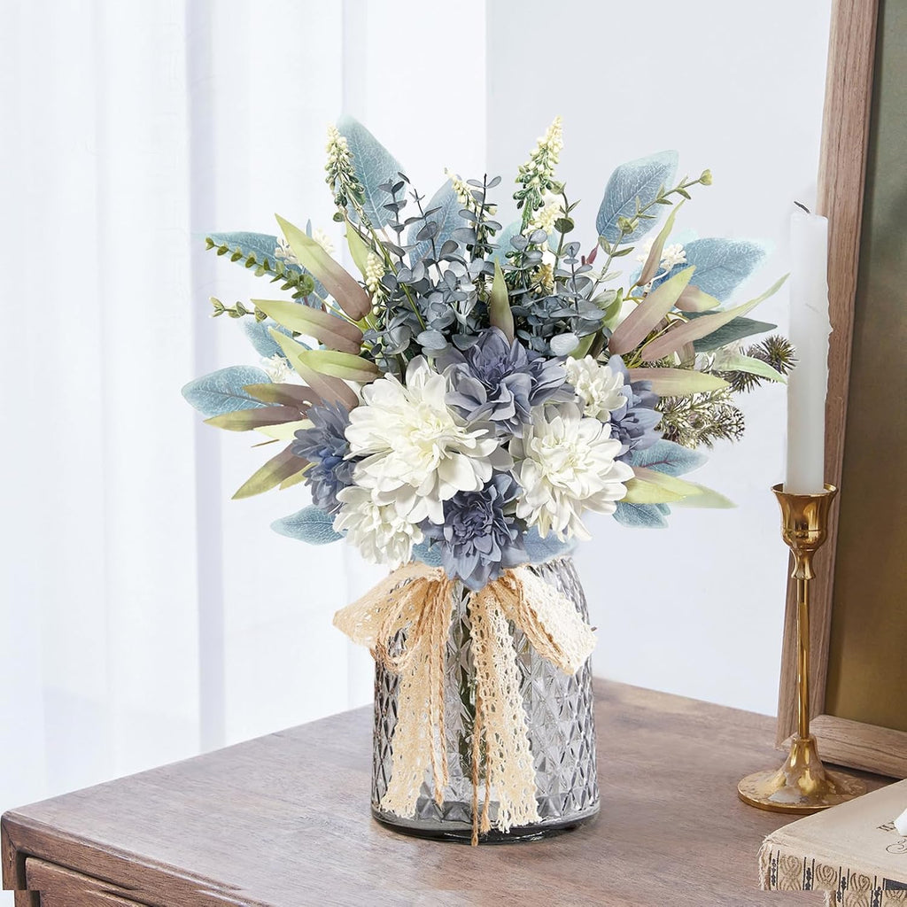 Blue White Fake Artificial Flowers Bouquet, Silk Floral Arrangements - Set of 11