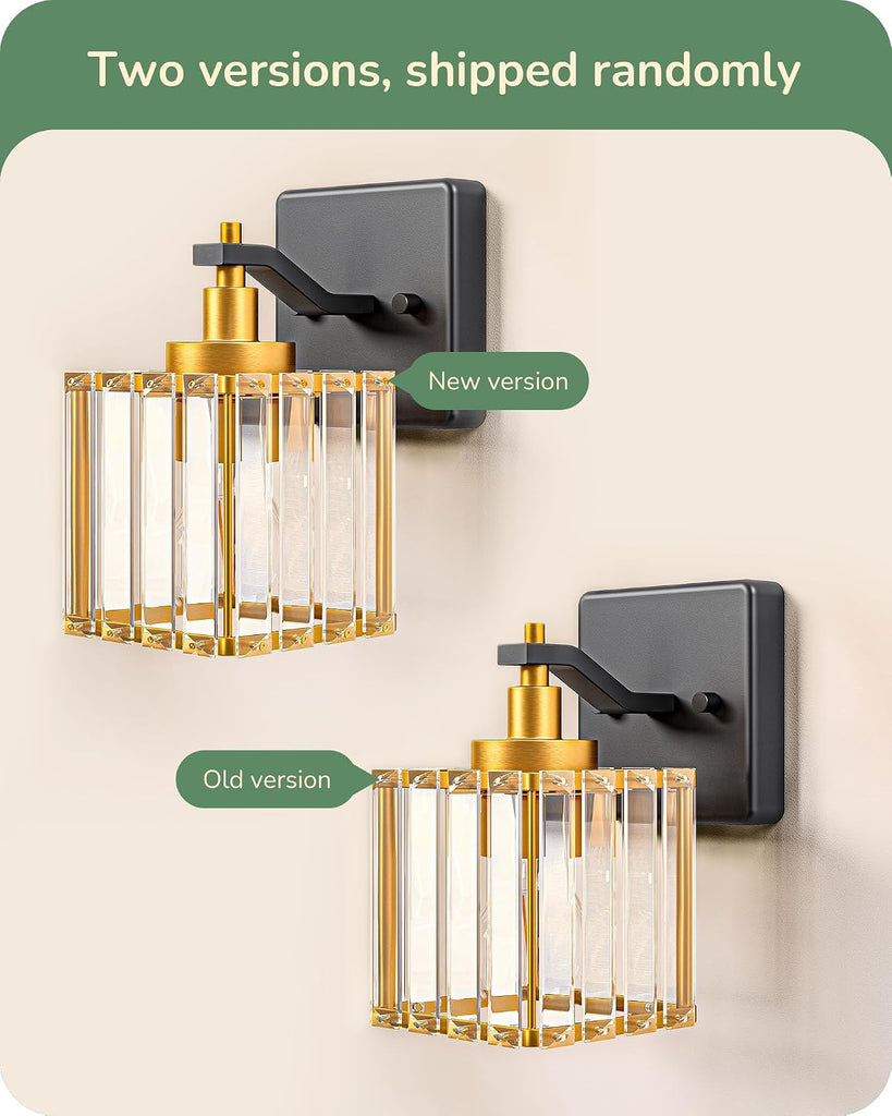Wall Sconces Set of Two, Bathroom Light Fixtures with Crystal Shade, Modern Vanity Lights, Black Gold Lighting