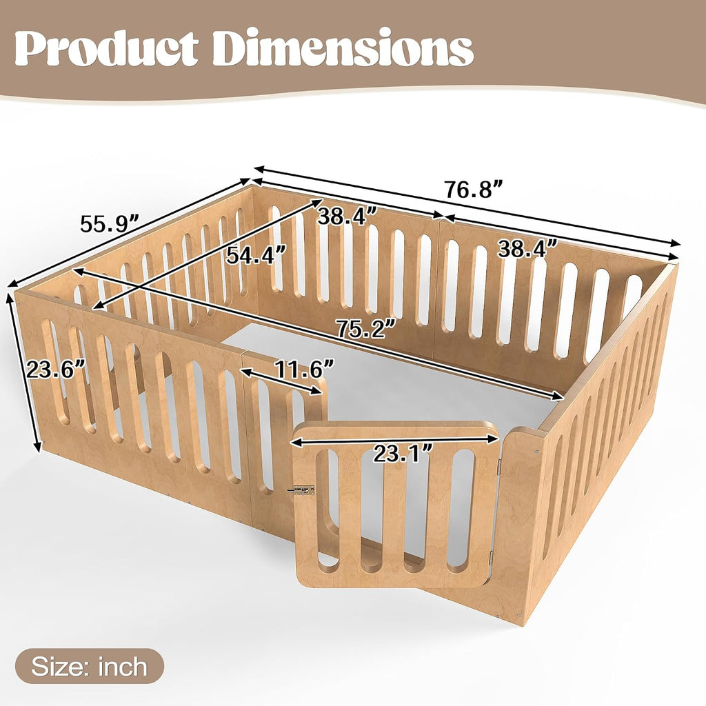 Floor Bed with Door for Kids, Floor Bed with High Fence, Wooden Montessori Beds for Kids, Natural no
