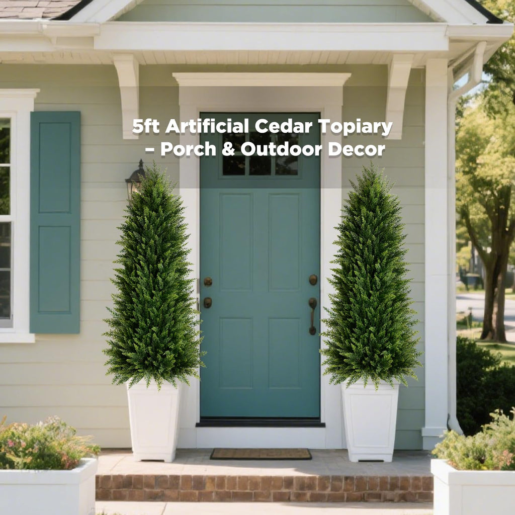 5FT Artificial Cedar Topiary Trees (2 Pack) - UV Resistant Fake Evergreen Shrubs with Extra Dense Foliage, Odorless