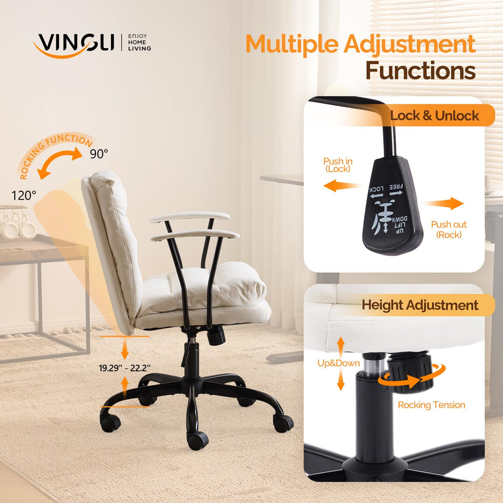 Padded White Desk Chair with/No Wheels, Dual-Base, Removable Armrests, Adjustable Comfy Rolling Swivel Computer Task