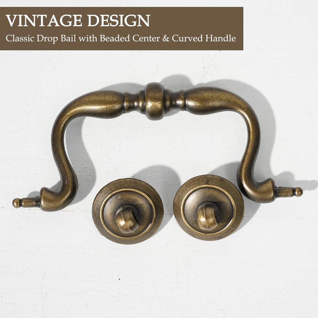 Antique Brass Drop Bail Drawer Pulls 4 Pack, 4 Inch Hole Centers