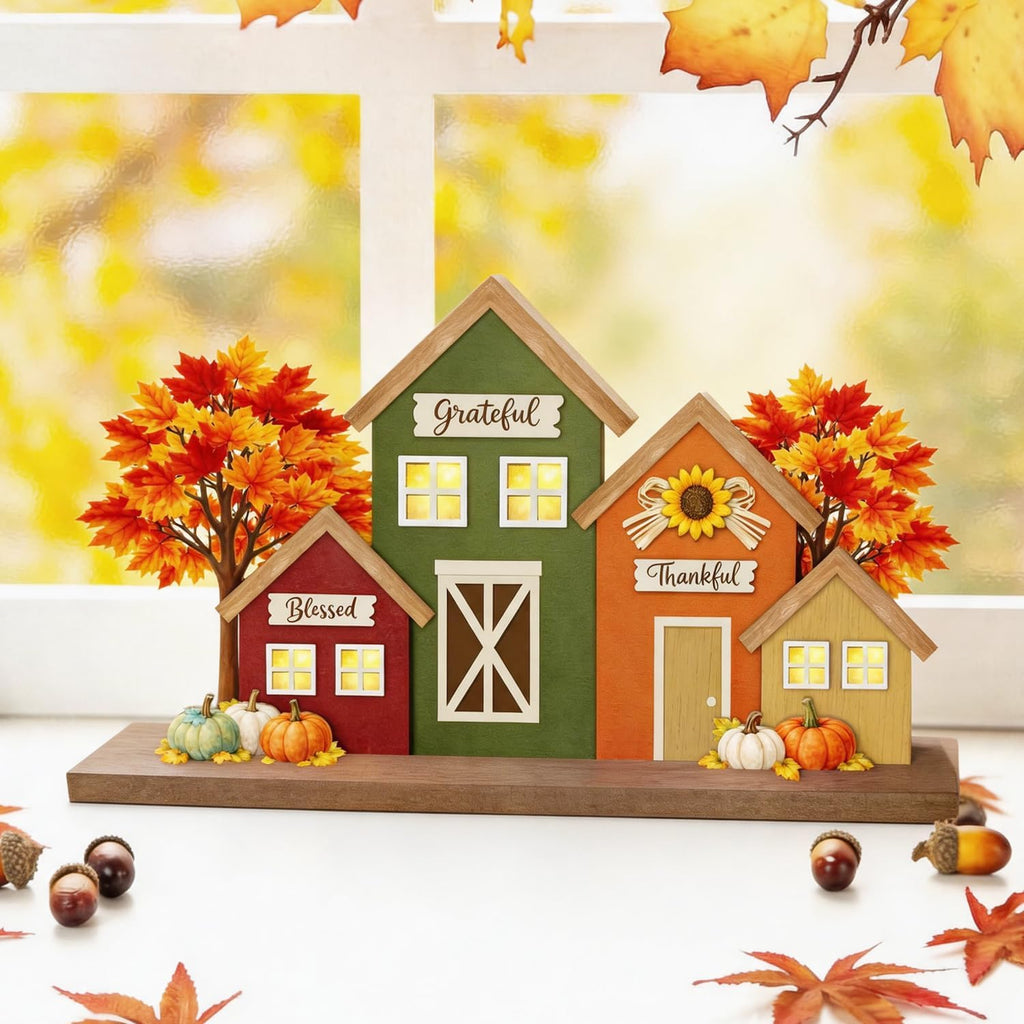 Fall Decor with LED Lights, Blessed Grateful Thankful Wooden Harvest Village Table Sign, Lighted Tabletop Decorations