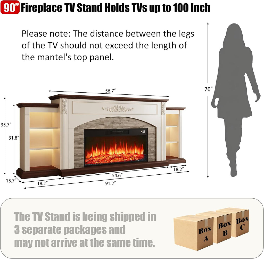 91" Electric Fireplace TV Stand with Mantel, Antique White Entertainment Center with Carving Holds TV up to 100 Inch
