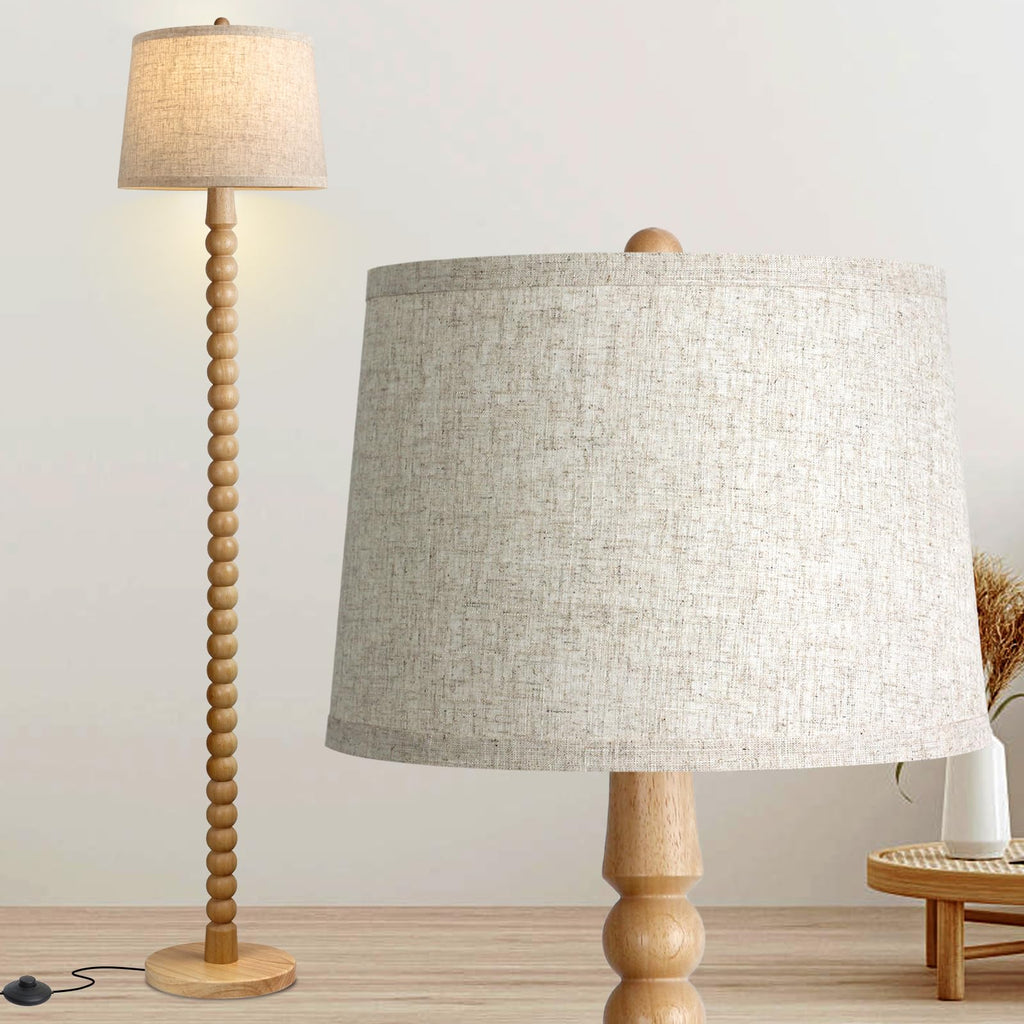 Real Wood Floor Lamp, Wooden Standing Lamp with 3 Color Changing Bulb Included, Tall Lamp with Linen Shade, Farmhouse