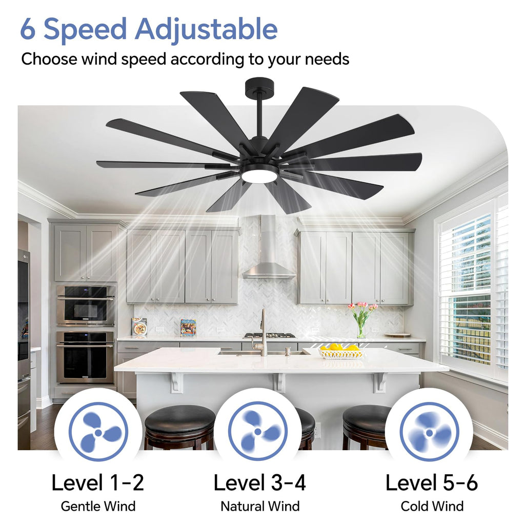 Modern Ceiling Fans with Lights, 62 inch Large Black Ceiling Fan with Light and Remote, Door/Outdoor use Patio, 6