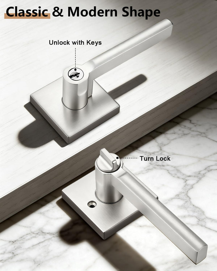Brushed Nickel Keyed Entry Square Door Handle with Lock, 3 Pack Keyed Alike Heavy Duty Door Lever for Interior