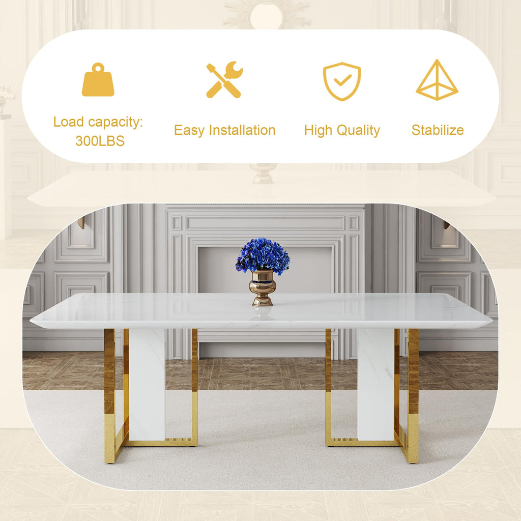 79 Inch Faux Marble Dining Table, White Rectangular Kitchen Table, 1.8 Inch Thick Mid Century Modern Dinner Table
