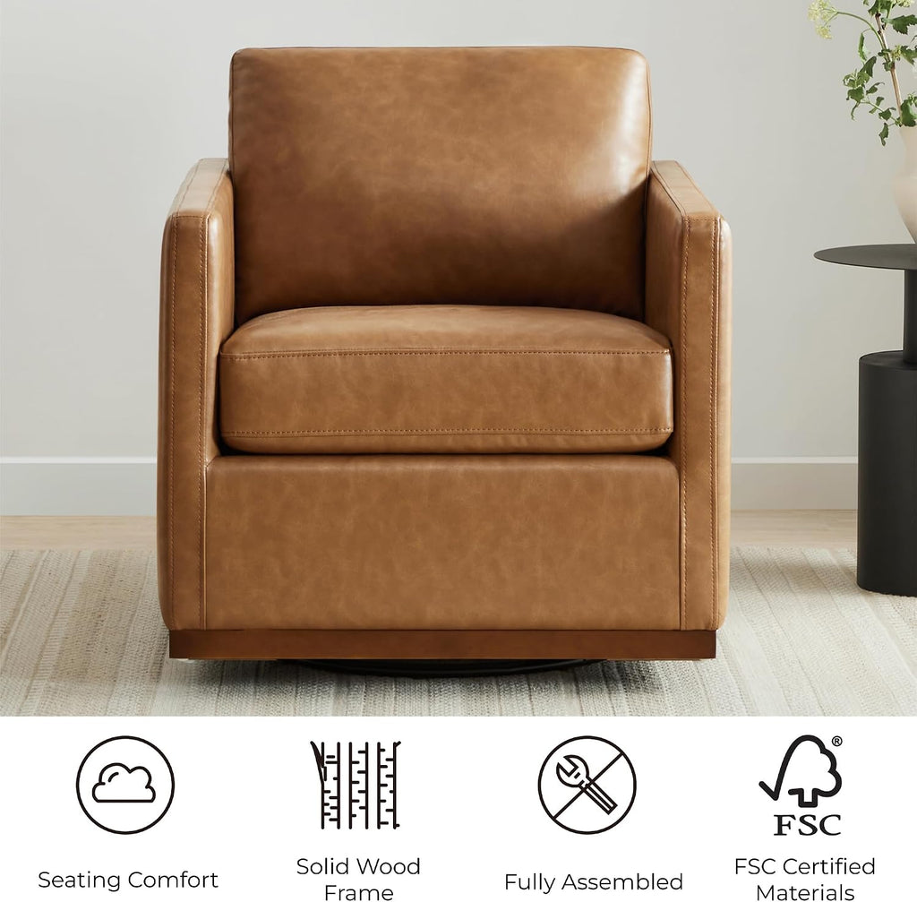 Faux Leather Swivel Accent Chair, Fully Assembled, Saddle Brown