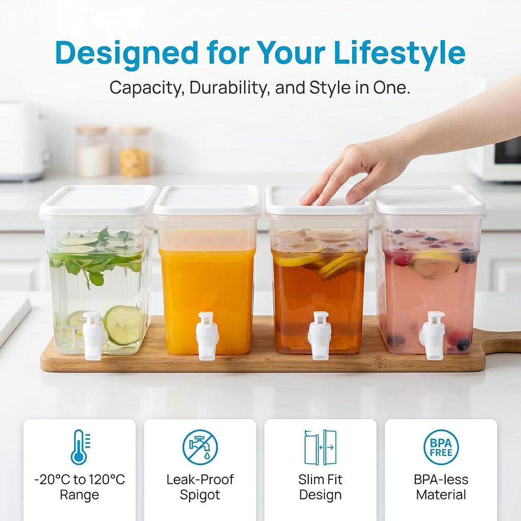 1.3 Gallon Drink Dispenser with Spigot for Fridge, Leakproof Plastic Water Container Fridge Beverage Dispenser - Set of 4