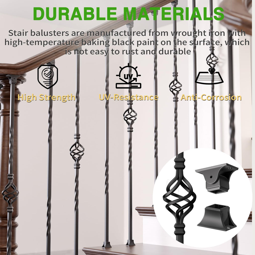 Staircase Balusters, 12-Pack Hollow Stair Spindles 40" Single Basket with Double Twist 1/2" Iron Balusters for