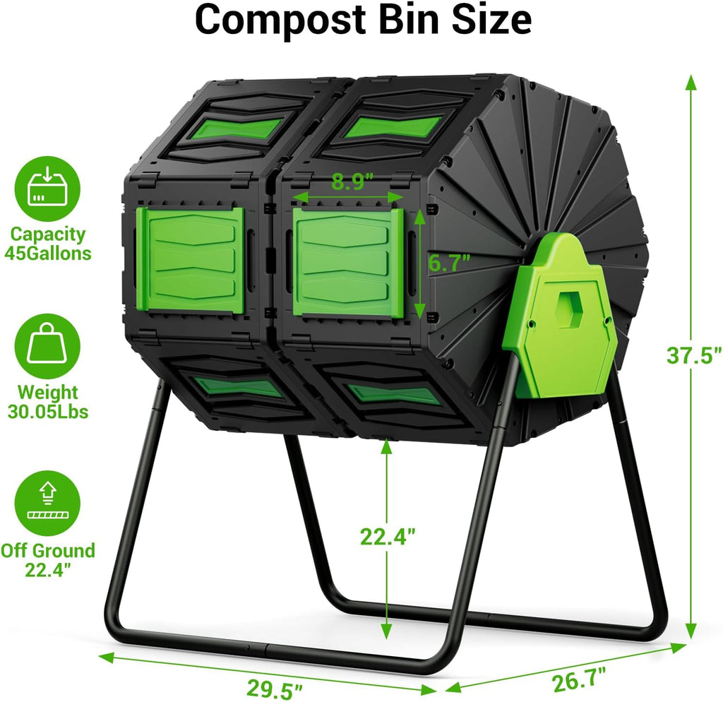 Compost Tumbler, Easy Assemble & Efficient Outdoor Compost Bin, 45 Gallon/170 Liter Large Dual Chamber Rotating