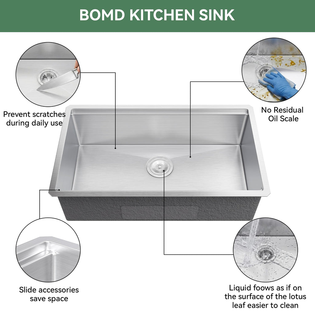 32 Inch Workstation Kitchen Sink, 16 Gauge 304 Stainless Steel Undermount Sink, Deep Single Bowl with Accessories