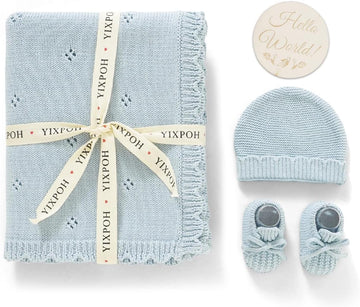 Organic Cotton Baby Blanket Knit Beanie Hat Booties Set