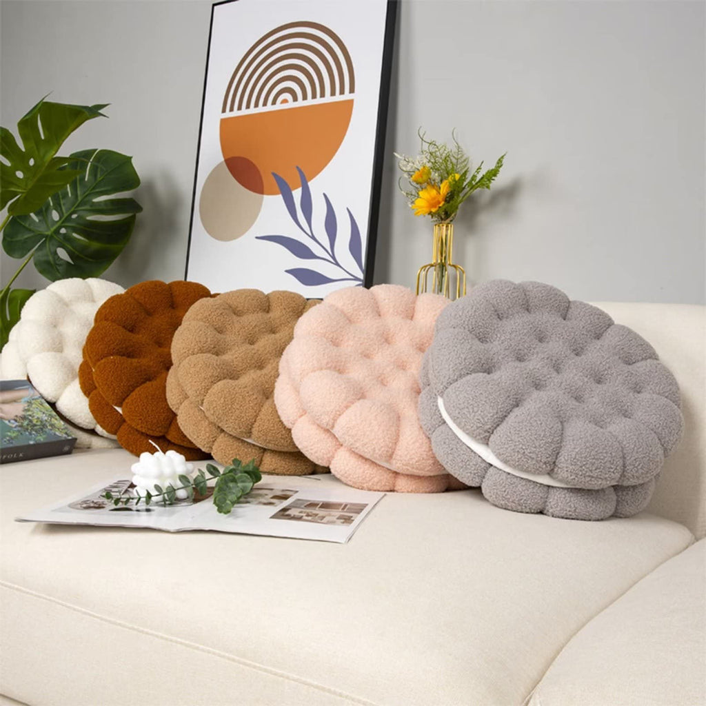 Grey Boucle Throw Pillow 14" Round Cookie Pillow Thick Seat Cuhsion for Sofa Couch Patio Balcony Tatami Pad