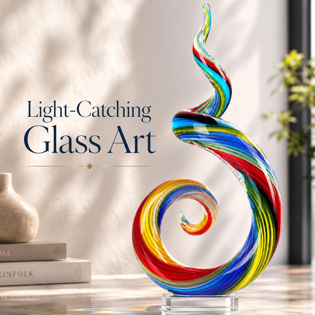 13.7" Colour Hand-Blown Art Glass Sculpture,Abstract Rainbow Swirl Style Sea Glass Statue and Figurine,Coastal Ocean