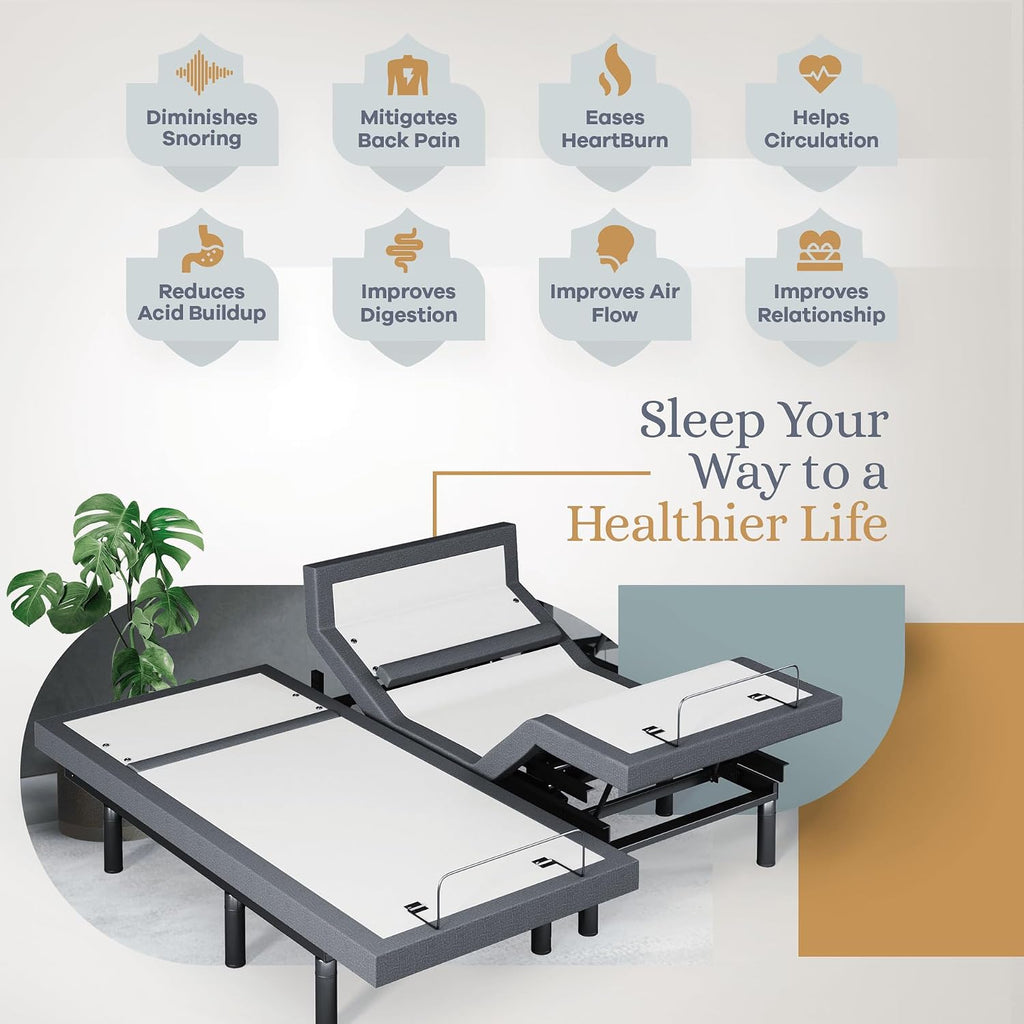 Bliss Adjustable Bed Base-Frame Only, Head and Foot Lift, Lumbar Support, Head-Pillow-Tilt, Massage, Under-Bed