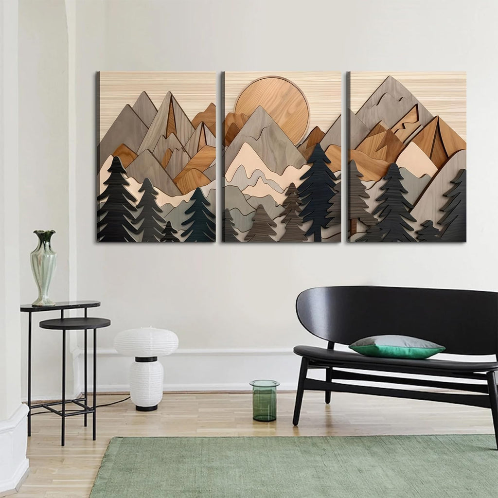 Set of 3 Mountain canvas Wall Art Large Forest Wall Decor pictures Woodcut Wooden Landscape poster Prints Abstract