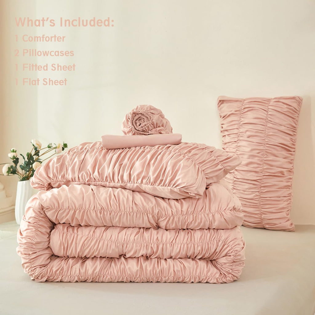Blush Bed in a Bag 5-Piece Boho Ruched Bedding Comforter Set Soft Luxury Fluffy Pleated Textured Pink