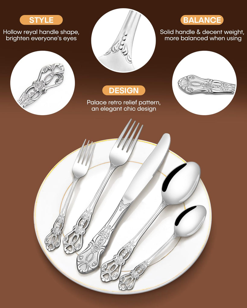 40 Pieces Royal Silverware Set, Retro Flatware Set for 8, Stainless Steel Cutlery Set with Luxury Forks Spoons and