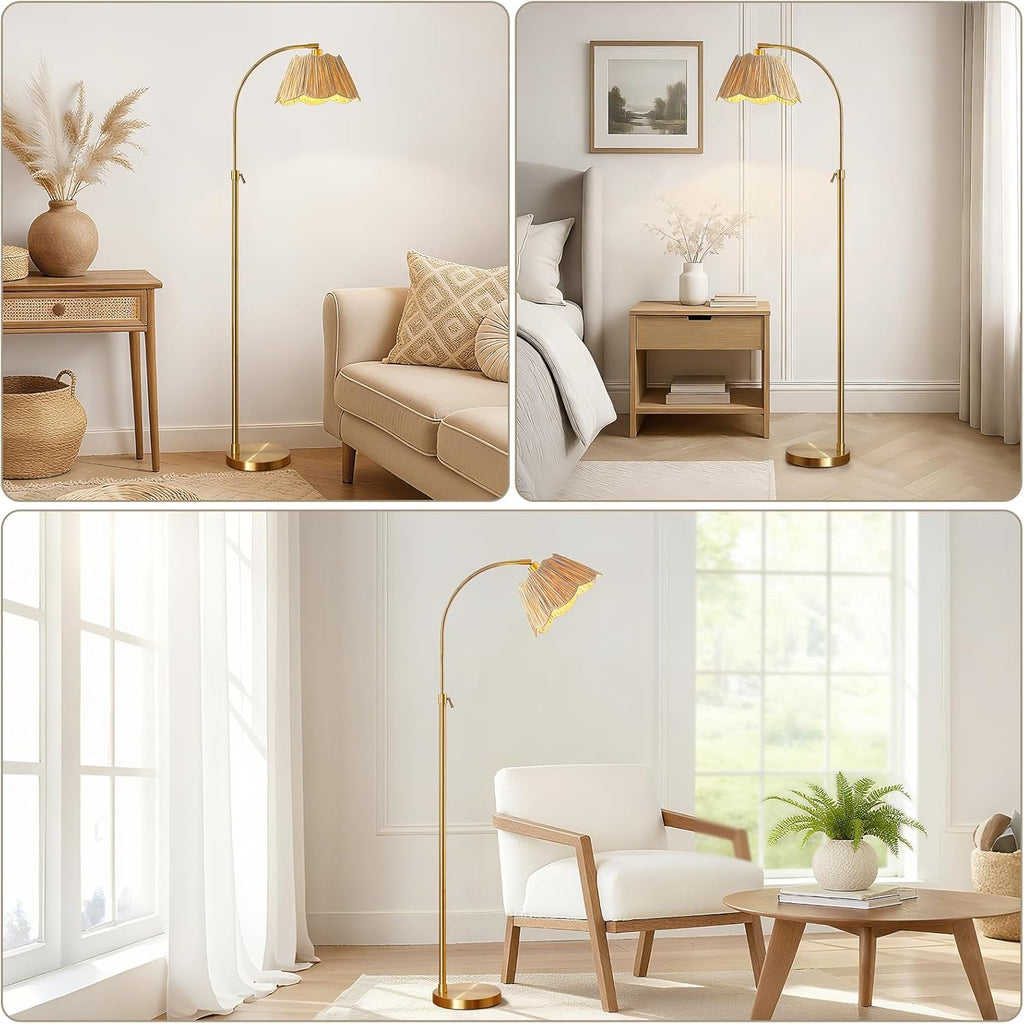 64'' Adjustable Arc Floor Lamp with Natural Rattan Woven Shade, Brushed Gold Mid-Century Modern Boho Floor Lamp