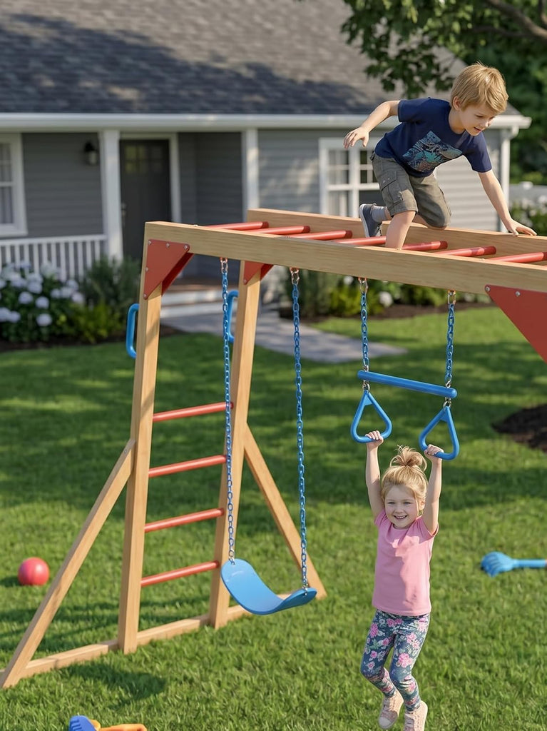 Wooden Swing Sets for Backyard with Monkey Bar, Outdoor Playset for Kids with Trapeze Swing Bar and 2 Belt Swings