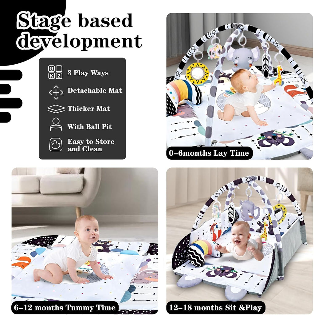 Gym Play Mat, in-1 Tummy Time Mat & Activity Gym, Washable Ball Pit, Infant Play Mat with Detachable Toys