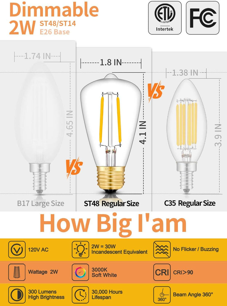 2W Dimmable LED Edison Bulb ST14 E26 3000K Soft White, 8 Pack