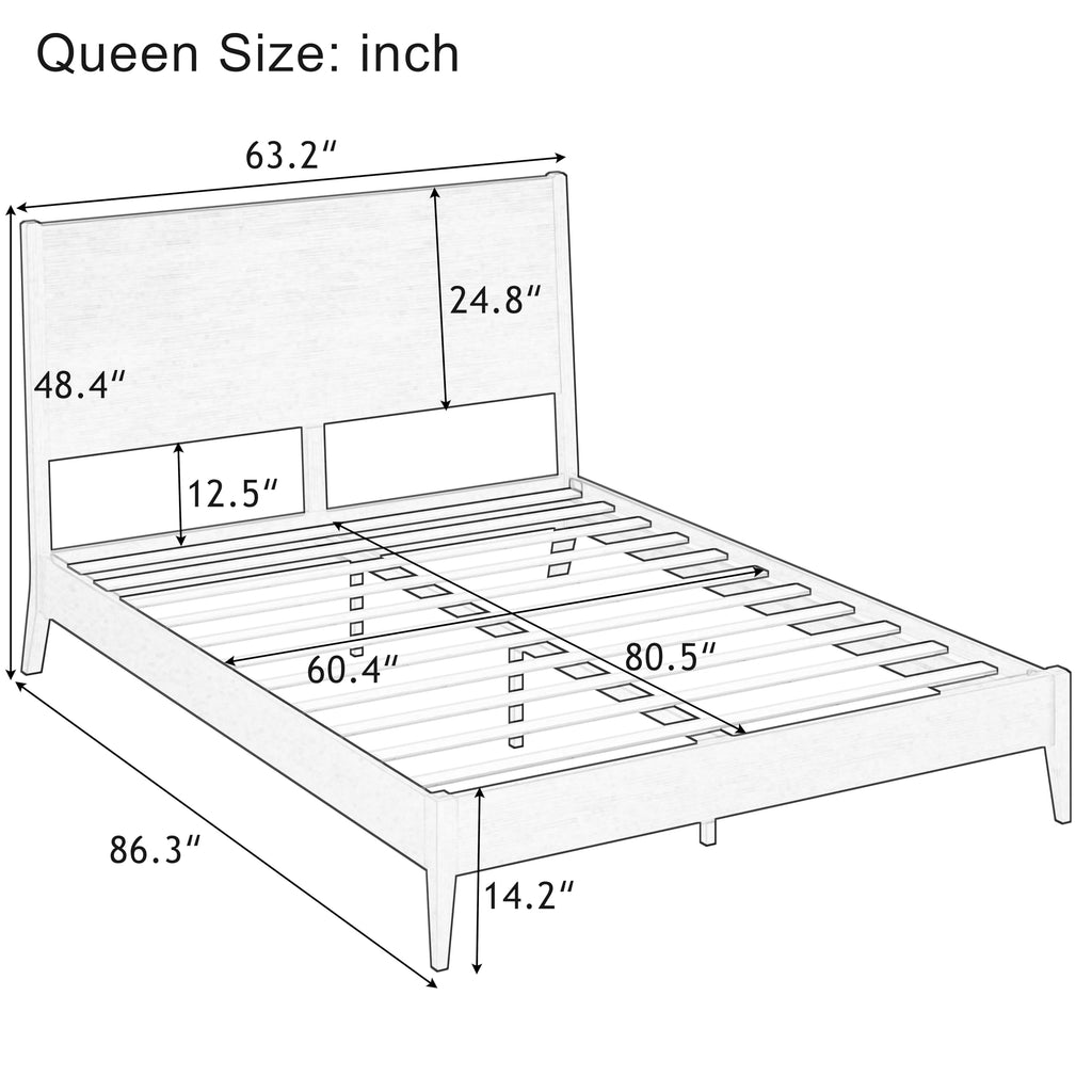 Queen Size Solid Wood Bamboo Bed Frame, Mid-Century Modern Sleigh Platform Bed Frame with 8.1"H Under-Bed Space, Wood