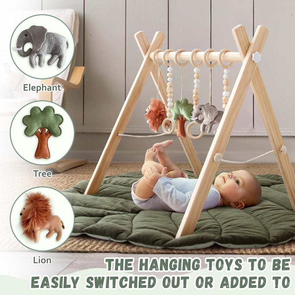 Wooden Baby Play Gym, Leaf Shaped Mat Baby Foldable Gym with 6 Hanging Toys