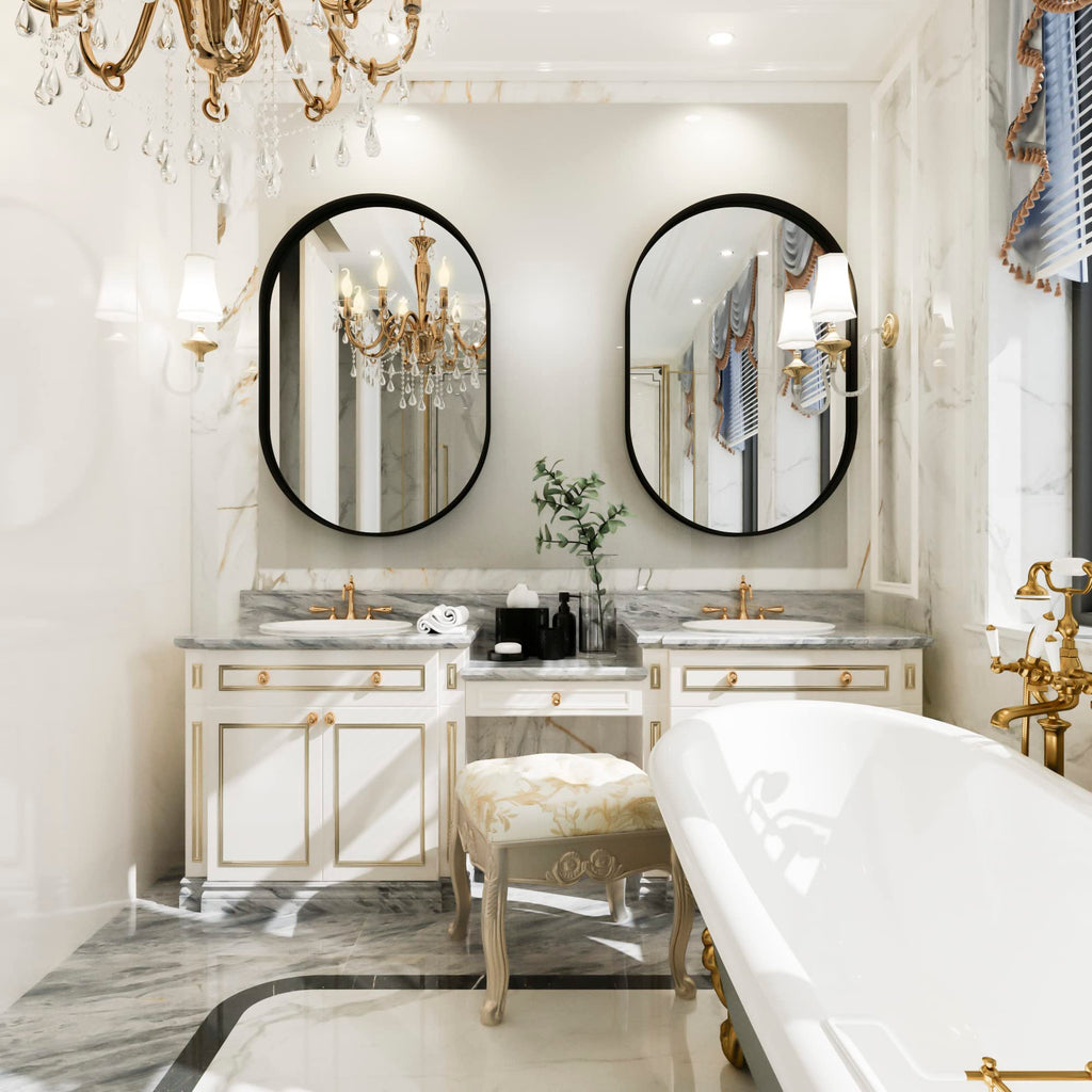 24×36 Inch Oval Wall, Black Metal Frame Bathroom Mirrors, Wall Mounted (Horizontal/Vertical)