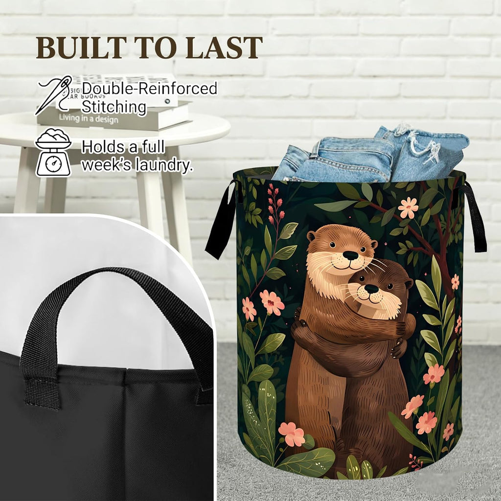 Cozy Otter Laundry Basket, Forest Blossom Print Decorative Hamper , Portable Waterproof Cloth Bin with Handles