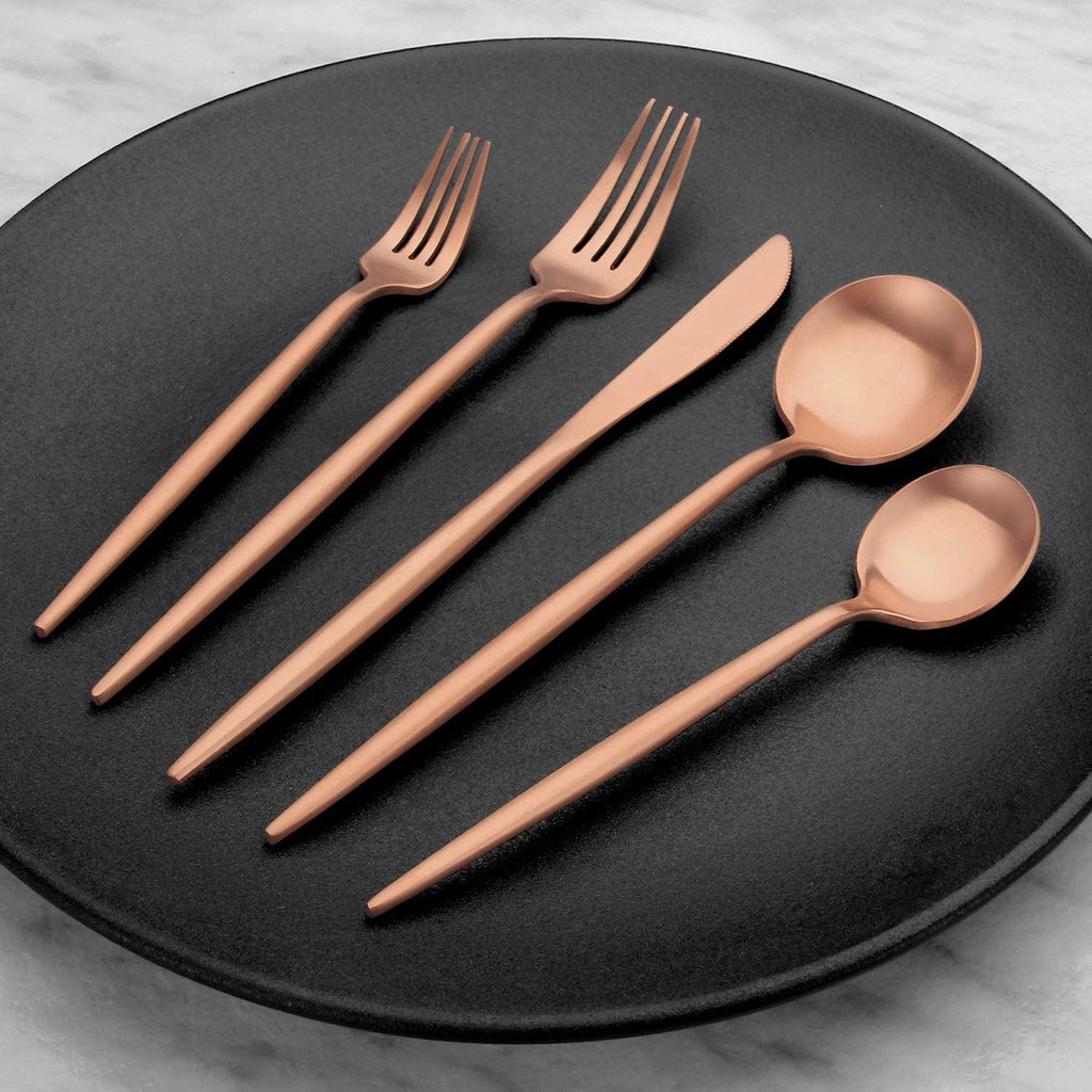 Matte Rose Gold Silverware Set, Stainless Steel Satin Finish Copper Flatware Cutlery Set for 4, 20-Piece Spoons
