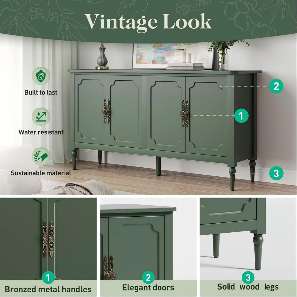 Buffet Cabinet with Storage, 59" Vintage Sideboard with Adjustable Shelves, Mid Century Modern Painted Credenza